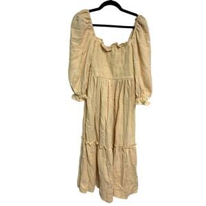 No Brand Yellow Smocked Floral Embroidered Puff Sleeve Midi Dress Size Medium